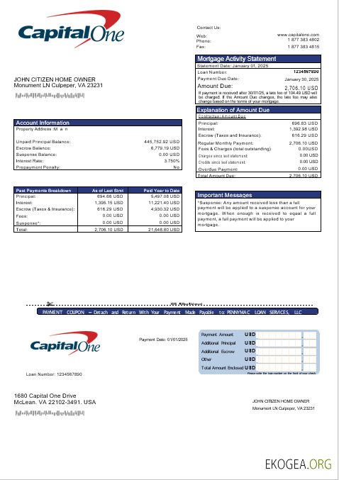 Relevé hypothécaire de la banque USA Capital One aux formats Word et PDF